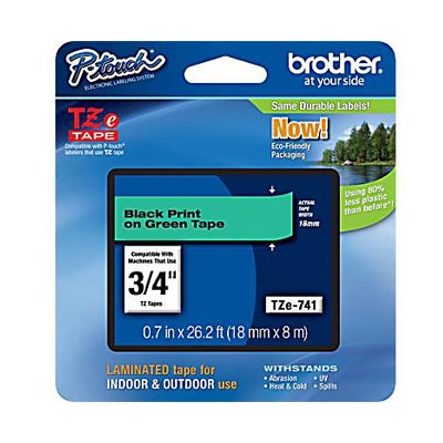 Brother Label Tape TZE741 Black/Green 0.70" Width x 26.20 ft Length - 1 Roll