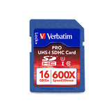 Verbatim Pro SDHC Memory Card, 98046, 16GB, 600X, UHS-I Class 10, TAA