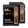 Lexar Professional SDXC Memory Card, 667x 64GB, Class 10, UHS-I, U3, BL NA, 2/PK