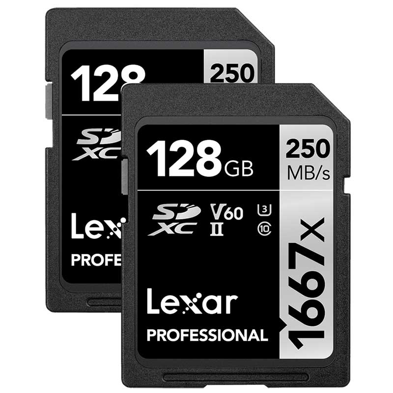 Lexar Professional SDXC Memory Card, 1667x 128GB, Class 10, UHS-II, U3, V60, 2/PK