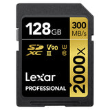 Lexar Professional SDXC Memory Card, 2000x, 128GB Class 10, V90, UHS-II, U3 W/O Reader, R300/W260MBs