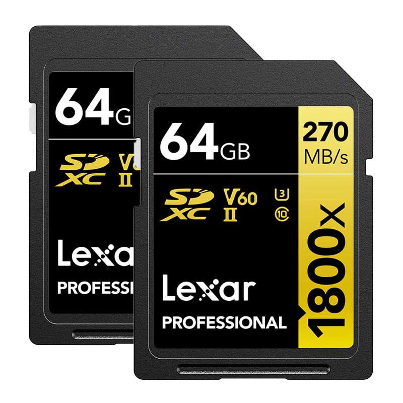 Lexar Professional SDXC Memory Card, 1800x 64GB, Class 10, UHS-II, U3, GOLD Series, 2/PK