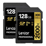Lexar Professional SDXC Memory Card, 2000x, 128GB Class 10, V90, UHS-II, U3 W/O Reader, R300/W260MBs