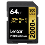 Lexar Professional SDXC Memory Card, 2000x, 64GB Class 10, V90, UHS-II, U3 W/O Reader, R300/W260MBs