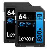 Lexar High-Performance SDXC Memory Card,800X 64GB, Class 10, UHS-I, U3 Blue Series, 2/PK