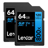 Lexar High-Performance SDXC Memory Card,800X 64GB, Class 10, UHS-I, U3 Blue Series, 2/PK