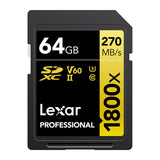 Lexar Professional SDXC Memory Card, 1800x 64GB, Class 10, UHS-II, U3, GOLD Series
