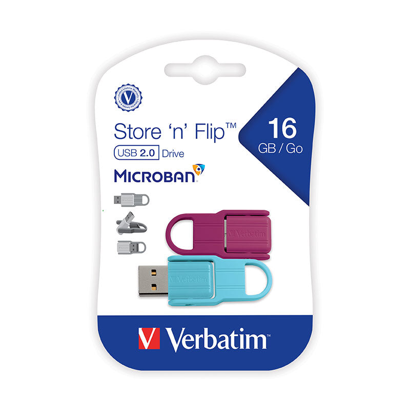 Verbatim, 16GB, Store 'n' Click, USB Flash Drive, 2pk, Berry+ Blue